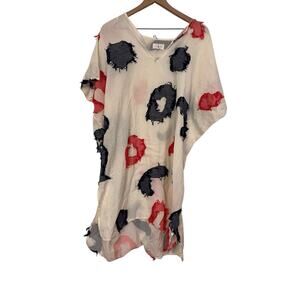 Lou & Grey White Blue Pink Accent V Neck Kaftan Dress Lagenlook Size Medium